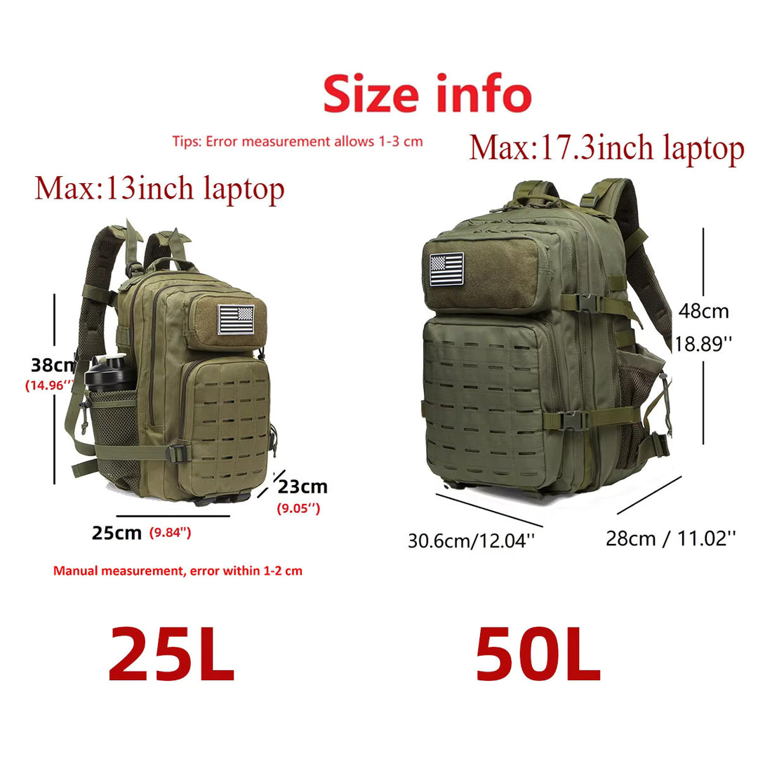 25L / 50L Tactical MOLLE Backpack – Hunting, Hiking & EDC Rucksack with Dual Bottle Holders