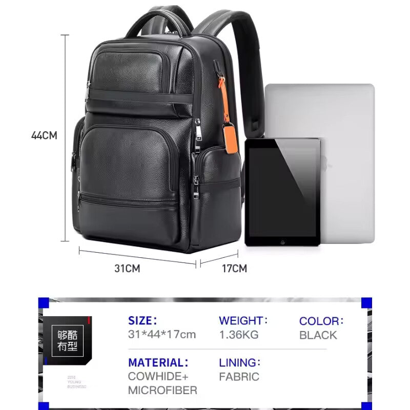 Genuine Leather 15.6” Laptop Backpack – Luxury Anti-Theft Expandable USB Travel Bag