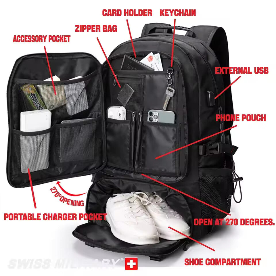SWISS MILITARY 17.3” Expandable Travel Backpack – Waterproof Large Capacity Laptop & Sports Bag