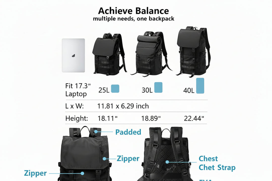 Roll Top Backpack 17.3” – Water-Resistant Expandable 25–40L Travel & Commuter Rucksack