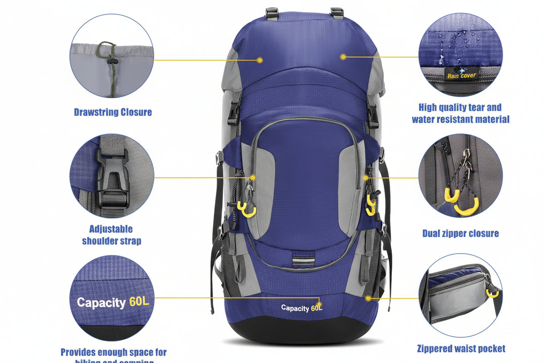 60L Waterproof Hiking Backpack – Camping & Mountain Climbing Rucksack with Rain Cover