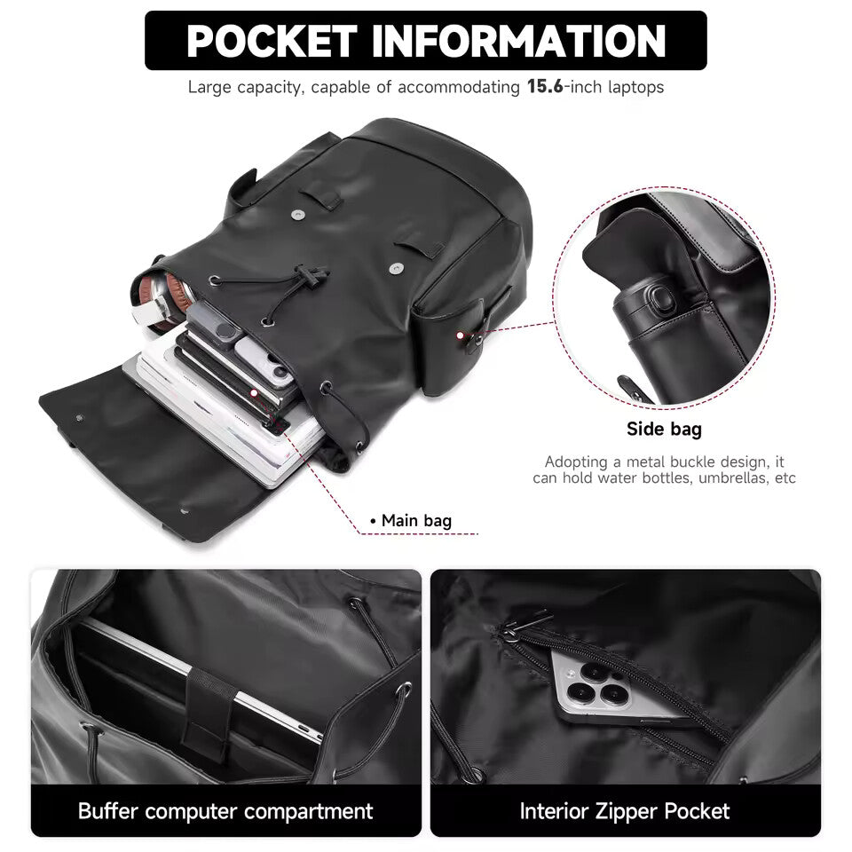 Premium PVC Leather Laptop Backpack – Waterproof Anti-Theft Business Travel Bag (15.6”)