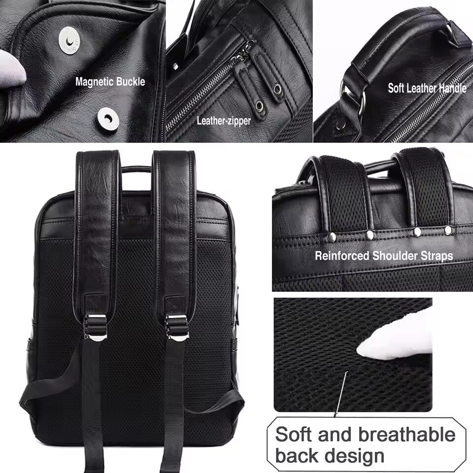 Vintage PU Leather Laptop Backpack – Waterproof Anti-Theft Business Travel Bag (15.6”)