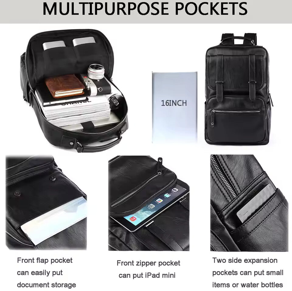 Vintage PU Leather Laptop Backpack – Waterproof Anti-Theft Business Travel Bag (15.6”)