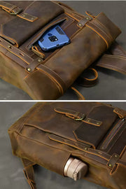 Retro Crazy Horse Leather Backpack – Genuine Cowhide 15.6” Laptop Travel Rucksack