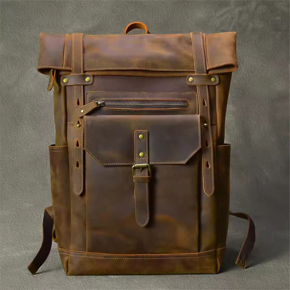 Retro Crazy Horse Leather Backpack – Genuine Cowhide 15.6” Laptop Travel Rucksack