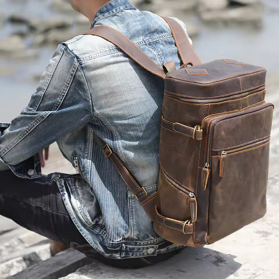 Vintage Crazy Horse Leather Laptop Backpack – Genuine Cowhide Travel & School Bag