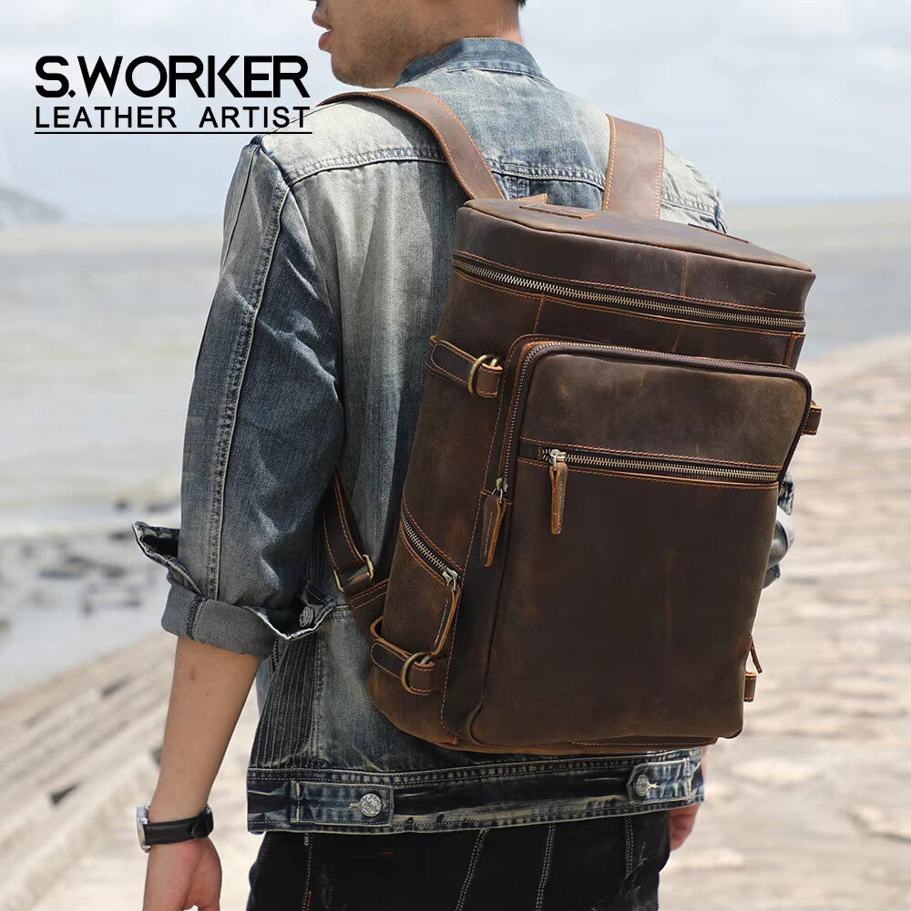 Vintage Crazy Horse Leather Laptop Backpack – Genuine Cowhide Travel & School Bag