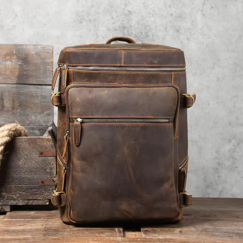 Vintage Crazy Horse Leather Laptop Backpack – Genuine Cowhide Travel & School Bag