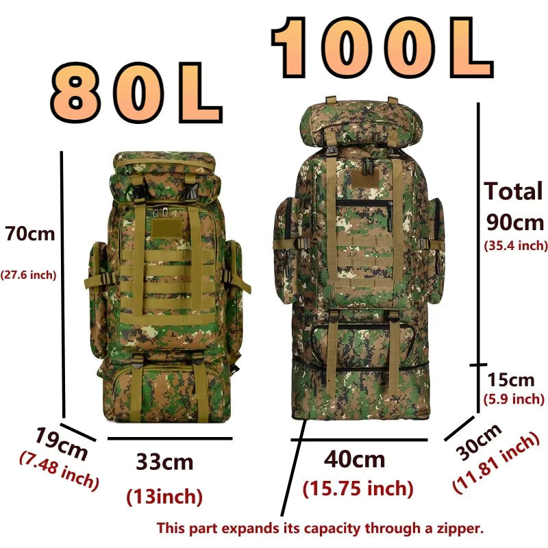 80L / 100L Tactical Mountaineering Backpack – Large Camouflage Hiking & Camping Rucksack