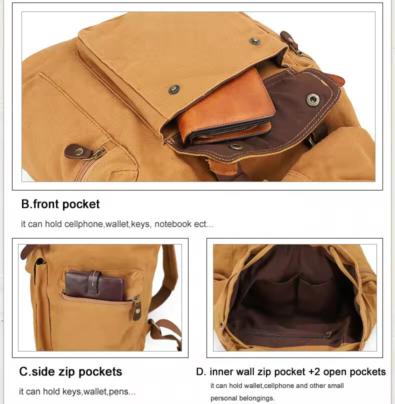 Vintage Canvas & Leather Drawstring Backpack – Military Style School & Daily Rucksack